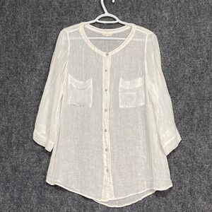 Eileen Fisher PL Sheer Linen Button Down‎ Tunic Top White 3/4 Sleeve Pockets